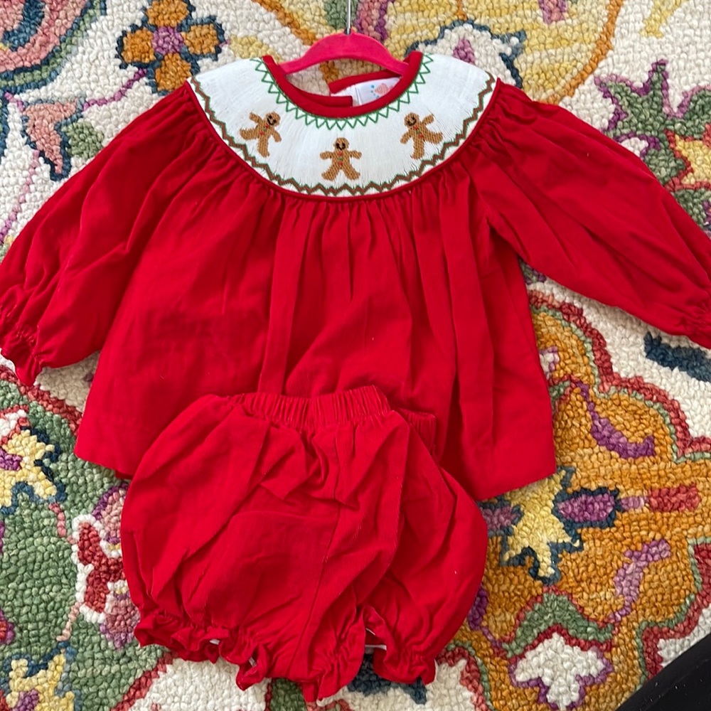 Stitchy Fish Smocked Gingerbread Red Corduroy Bloomer Set